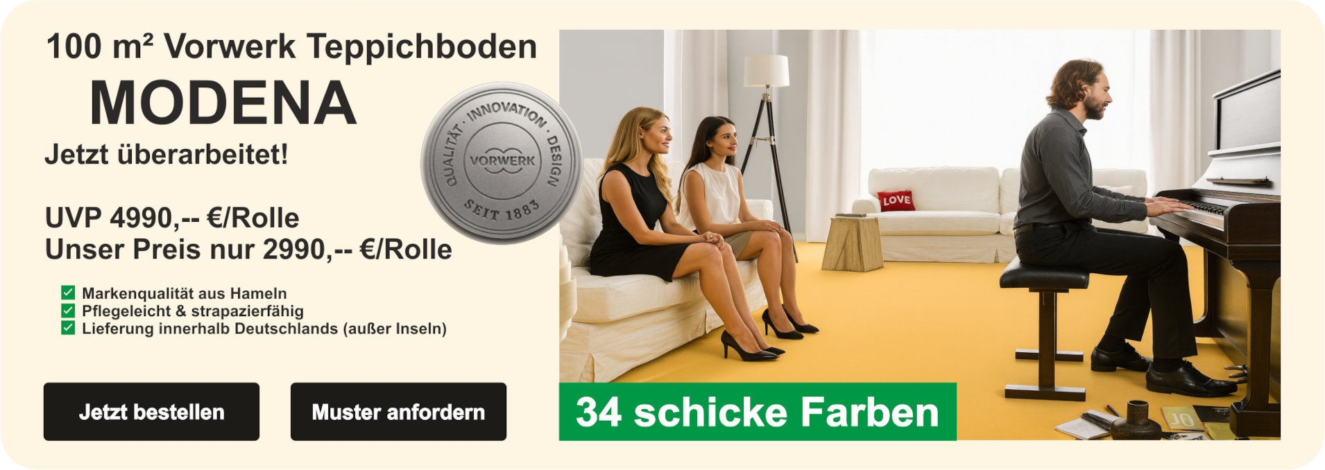 100 m² Vorwerk Modena Großrolle – robuster Teppichboden für professionelle Raumlösungen, versandkostenfrei